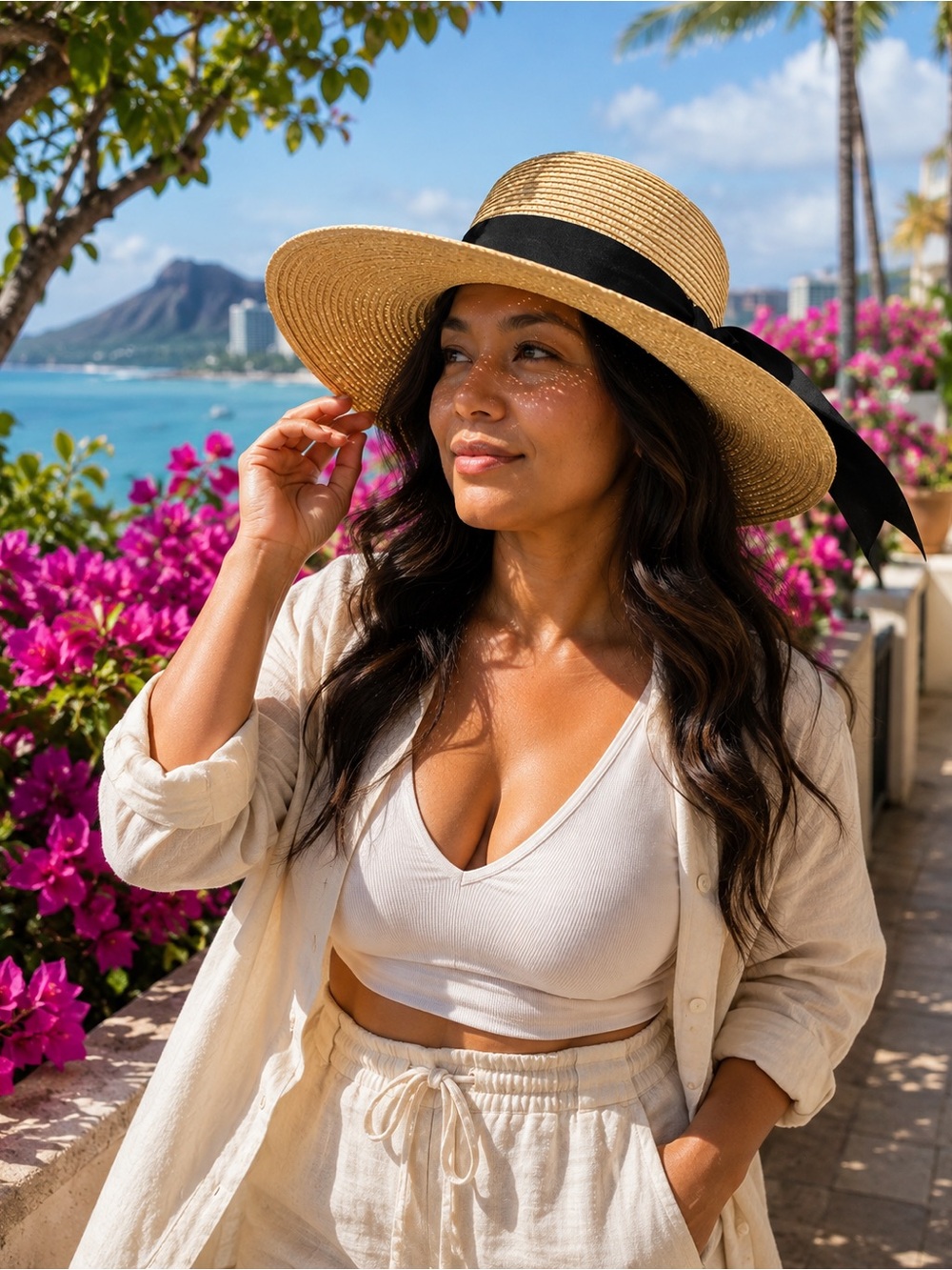 FURTALK Wide Brim Straw Sun Hat M/L Black Ribbon